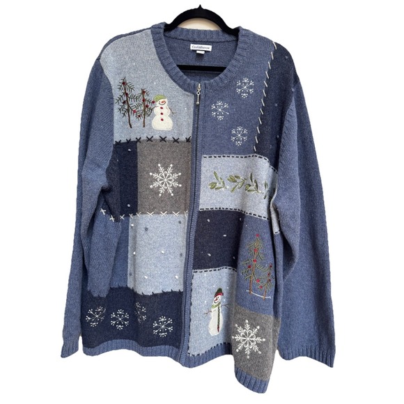 Croft & Barrow 3X Knit Zipper Sweater Cardigan Christmas Blue Snowflake Snowman - Picture 3 of 16